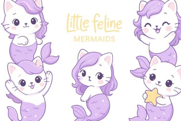 Kawaii Mermaid Cats Clipart Set: Cute Ocean-Themed Feline Art for Creative Projects