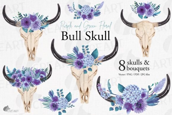 Purple Watercolor Floral Bull Skulls: Creative Design Elements for Versatile Projects