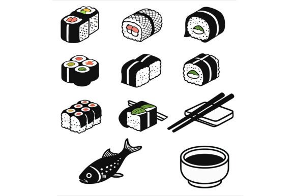 Vector Art of Nine Black Sushi: A Versatile Design Resource for Creative Projects
