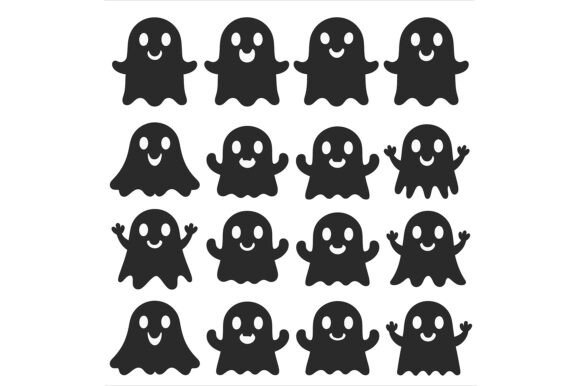 Vector Art of Sixteen Black Ghost Icons – Creative Flexibility for Designers and Makers